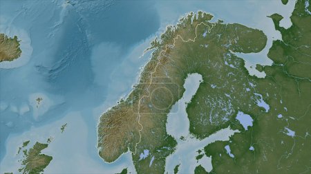 Foto de Noruega delineado en un mapa de elevación de color pálido con lagos y ríos - Imagen libre de derechos