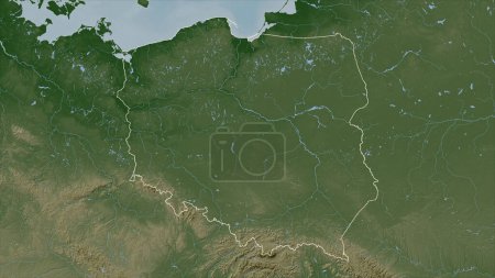 Pologne tracé sur une carte d'altitude de couleur pâle avec des lacs et des rivières