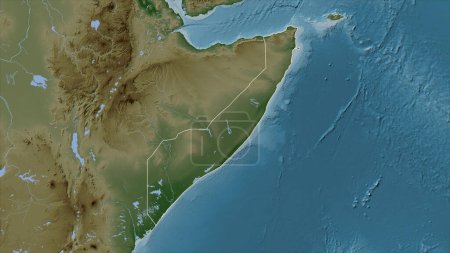 Somalia Mainland outlined on a Pale colored elevation map with lakes and rivers