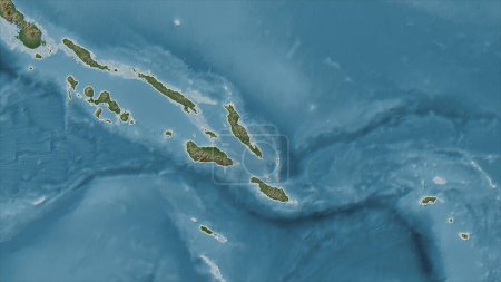 Islas Salomón delineadas en un mapa de elevación de color pálido con lagos y ríos
