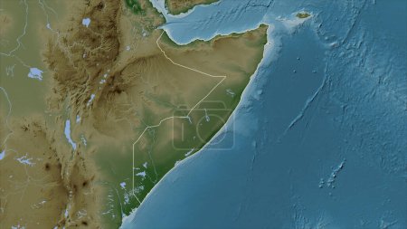 Somalia outlined on a Pale colored elevation map with lakes and rivers