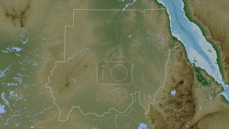 Soudan tracé sur une carte d'altitude de couleur pâle avec des lacs et des rivières