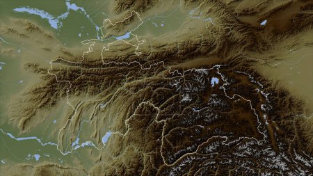 Tayikistán esbozado en un mapa de elevación de color pálido con lagos y ríos