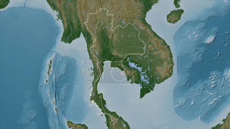 Thailand outlined on a Pale colored elevation map with lakes and rivers