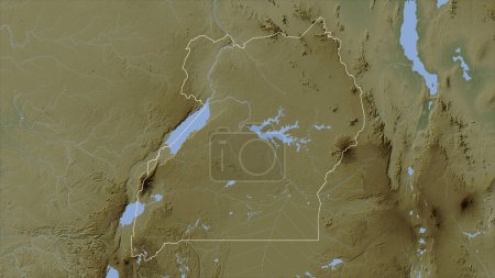 Uganda outlined on a Pale colored elevation map with lakes and rivers