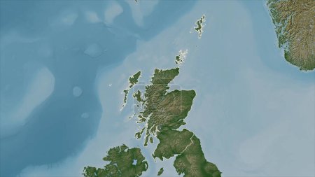 Escocia - Gran Bretaña delineada en un mapa de elevación de color pálido con lagos y ríos