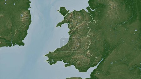Gales - Gran Bretaña delineada en un mapa de elevación de color pálido con lagos y ríos