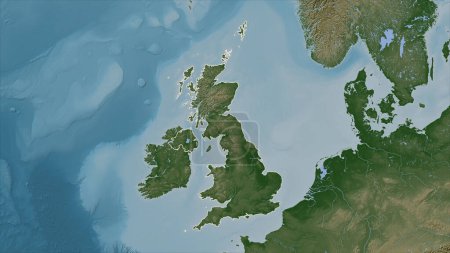 United Kingdom outlined on a Pale colored elevation map with lakes and rivers