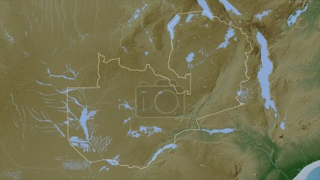 Zambie tracé sur une carte d'altitude de couleur pâle avec des lacs et des rivières