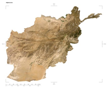 Form einer niedrig aufgelösten Satellitenkarte des Afghanistans, mit Entfernungsmaßstab und Grenzkoordinaten, isoliert auf weiß