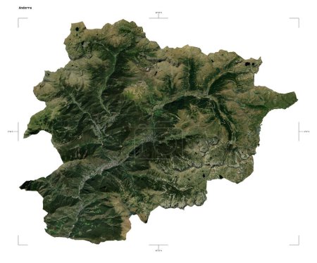 Form einer niedrig aufgelösten Satellitenkarte von Andorra, mit Entfernungsmaßstab und Grenzkoordinaten, isoliert auf weiß