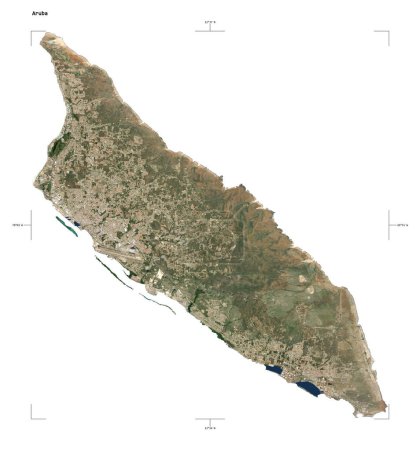 Form einer niedrig aufgelösten Satellitenkarte von Aruba, mit Entfernungsmaßstab und Kartenrandkoordinaten, isoliert auf weiß