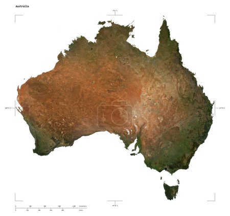 Form einer niedrig aufgelösten Satellitenkarte von Australien, mit Entfernungsmaßstab und Kartengrenzkoordinaten, isoliert auf weiß
