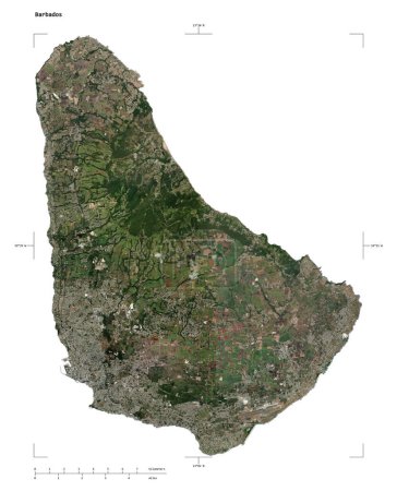 Forma de un mapa satelital de baja resolución de Barbados, con escala de distancia y coordenadas de frontera de mapa, aislado en blanco