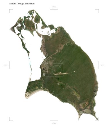 Form einer niedrig auflösenden Satellitenkarte von Barbuda - Antigua und Barbuda, mit Entfernungsmaßstab und Grenzkoordinaten, isoliert auf weiß