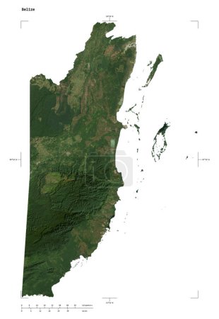 Shape of a low resolution satellite map of the Belize, with distance scale and map border coordinates, isolated on white