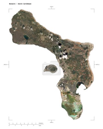 Shape of a low resolution satellite map of the Bonaire - Dutch Caribbean, with distance scale and map border coordinates, isolated on white