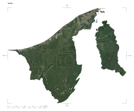 Form einer niedrig aufgelösten Satellitenkarte von Brunei, mit Entfernungsmaßstab und Kartengrenzkoordinaten, isoliert auf weiß