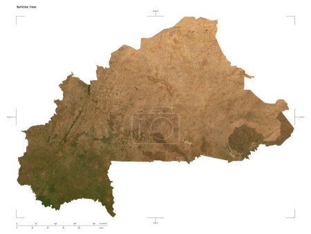 Form einer niedrig aufgelösten Satellitenkarte von Burkina Faso, mit Entfernungsmaßstab und Grenzkoordinaten, isoliert auf weiß