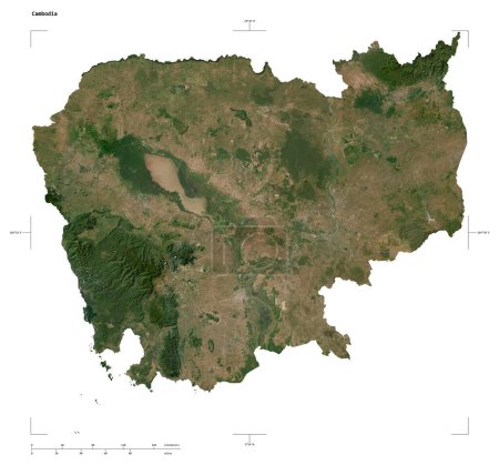 Form einer niedrig aufgelösten Satellitenkarte von Kambodscha, mit Entfernungsmaßstab und Kartengrenzkoordinaten, isoliert auf weiß