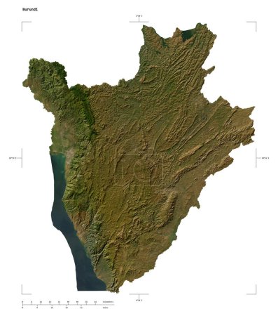 Shape of a low resolution satellite map of the Burundi, with distance scale and map border coordinates, isolated on white