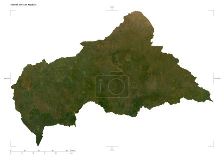Shape of a low resolution satellite map of the Central African Republic, with distance scale and map border coordinates, isolated on white