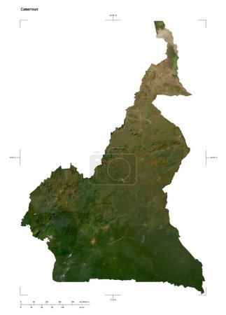 Forma de un mapa satelital de baja resolución del Camerún, con coordenadas de frontera de escala y mapa de distancia, aislado en blanco