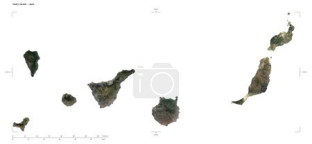 Shape of a low resolution satellite map of the Canary Islands - Spain, with distance scale and map border coordinates, isolated on white