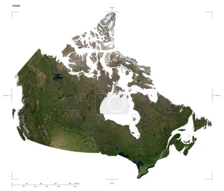 Shape of a low resolution satellite map of the Canada, with distance scale and map border coordinates, isolated on white