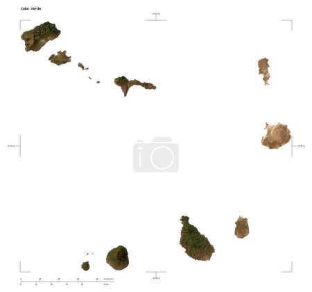 Shape of a low resolution satellite map of the Cabo Verde, with distance scale and map border coordinates, isolated on white