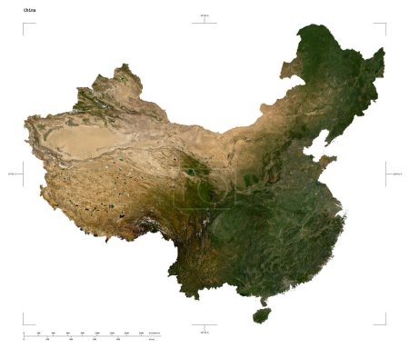 Form einer niedrig aufgelösten Satellitenkarte von China, mit Entfernungsmaßstab und Kartengrenzkoordinaten, isoliert auf weiß