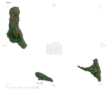 Form einer niedrig aufgelösten Satellitenkarte der Komoren, mit Entfernungsmaßstab und Kartengrenzkoordinaten, isoliert auf weiß