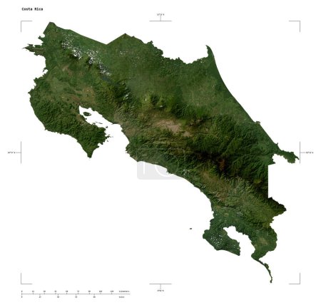 Shape of a low resolution satellite map of the Costa Rica, with distance scale and map border coordinates, isolated on white