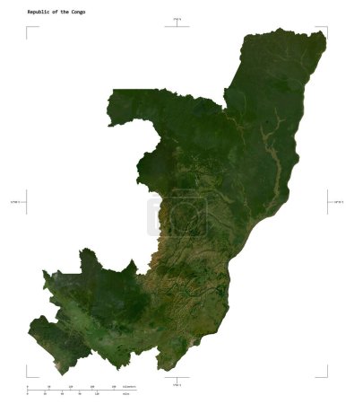 Forma de un mapa satelital de baja resolución de la República del Congo, con coordenadas de frontera de escala y mapa de distancia, aislado en blanco