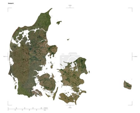 Shape of a low resolution satellite map of the Denmark, with distance scale and map border coordinates, isolated on white