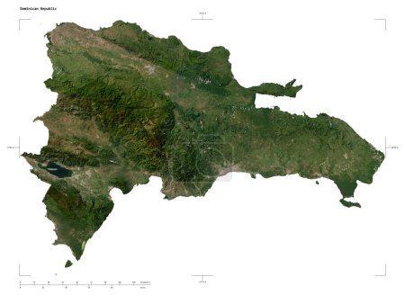 Shape of a low resolution satellite map of the Dominican Republic, with distance scale and map border coordinates, isolated on white
