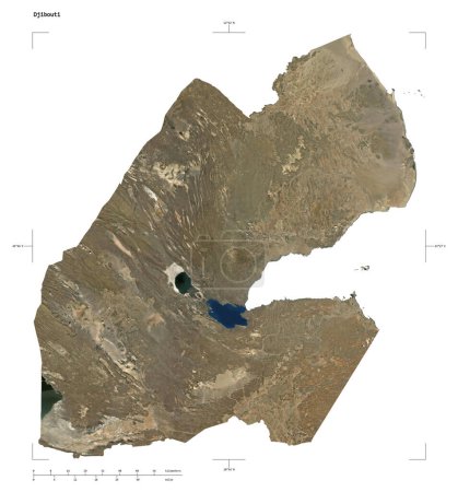 Shape of a low resolution satellite map of the Djibouti, with distance scale and map border coordinates, isolated on white