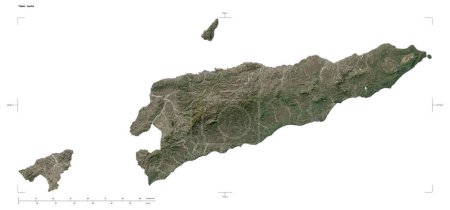 Forma de un mapa satelital de baja resolución del Timor Oriental, con coordenadas de frontera de escala y mapa de distancia, aislado en blanco