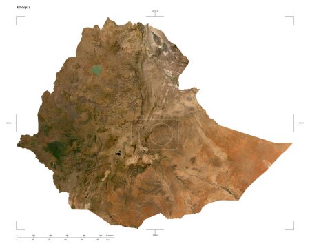 Shape of a low resolution satellite map of the Ethiopia, with distance scale and map border coordinates, isolated on white