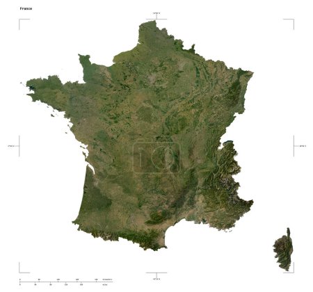 Shape of a low resolution satellite map of the France, with distance scale and map border coordinates, isolated on white