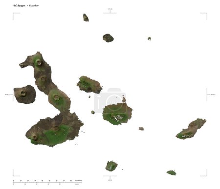 Foto de Forma de un mapa satelital de baja resolución de las Galápagos - Ecuador, con coordenadas de frontera de escala y mapa de distancia, aislado en blanco - Imagen libre de derechos
