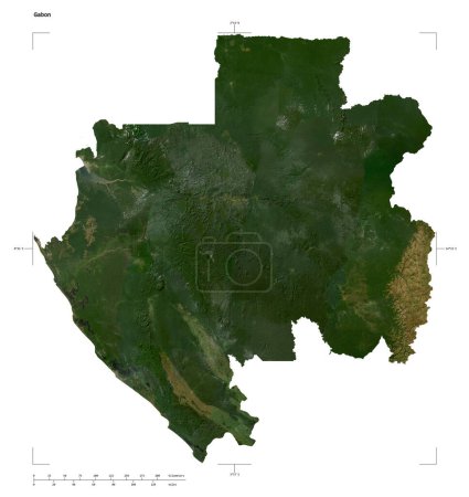 Forma de un mapa satelital de baja resolución del Gabón, con coordenadas de frontera de escala y mapa de distancia, aislado en blanco