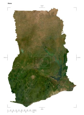 Shape of a low resolution satellite map of the Ghana, with distance scale and map border coordinates, isolated on white