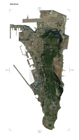 Shape of a low resolution satellite map of the Gibraltar, with distance scale and map border coordinates, isolated on white