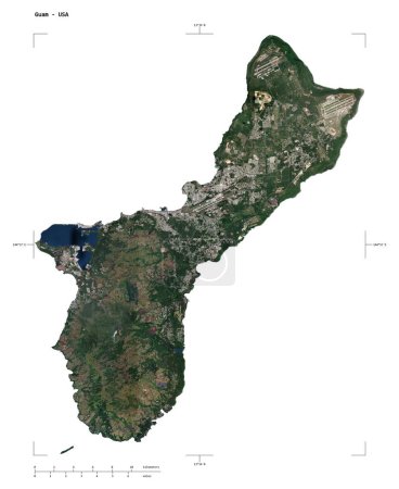Foto de Forma de un mapa satelital de baja resolución del Guam - Estados Unidos, con coordenadas de frontera de escala y mapa de distancia, aislado en blanco - Imagen libre de derechos