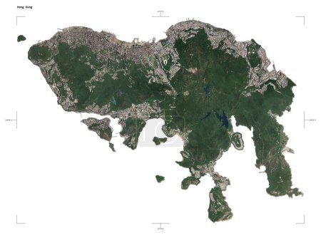 Shape of a low resolution satellite map of the Hong Kong, with distance scale and map border coordinates, isolated on white