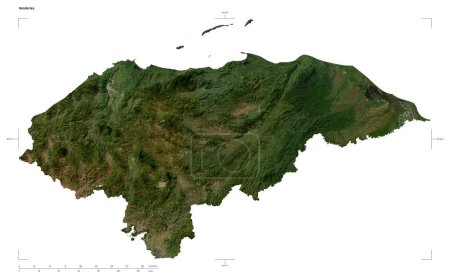 Shape of a low resolution satellite map of the Honduras, with distance scale and map border coordinates, isolated on white