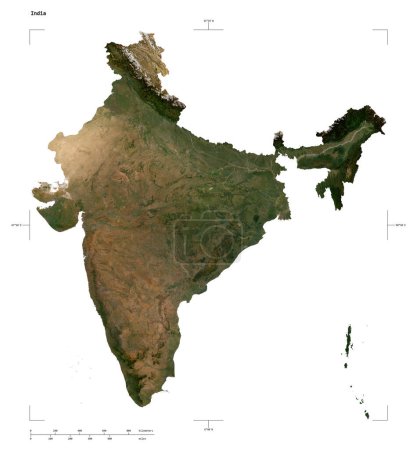 Shape of a low resolution satellite map of the India, with distance scale and map border coordinates, isolated on white