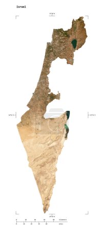 Forma de un mapa satelital de baja resolución del Israel, con escala de distancia y coordenadas de frontera de mapa, aislado en blanco