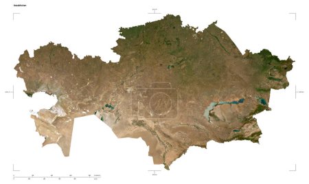 Shape of a low resolution satellite map of the Kazakhstan, with distance scale and map border coordinates, isolated on white